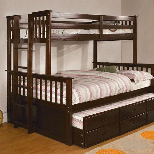 University I Dark Walnut Twin/Full Bunk Bed + Trundle - Premium Bunk Bed w/ Trundle from FOA East - Just $1134.90! Shop now at Furniture Wholesale Plus  We are the best furniture store in Nashville, Hendersonville, Goodlettsville, Madison, Antioch, Mount Juliet, Lebanon, Gallatin, Springfield, Murfreesboro, Franklin, Brentwood