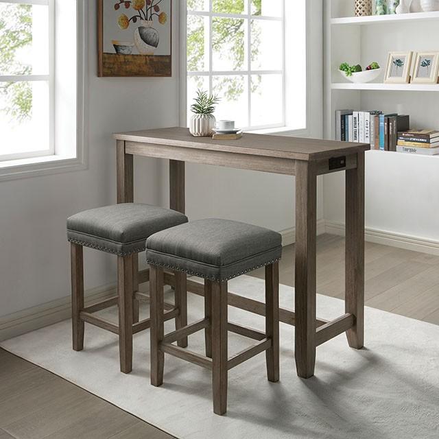 CAERLEON 3 Pc. Counter Ht. Table Set, Wire-brushed Gray - Premium Dining Room Set from FOA East - Just $368.55! Shop now at Furniture Wholesale Plus  We are the best furniture store in Nashville, Hendersonville, Goodlettsville, Madison, Antioch, Mount Juliet, Lebanon, Gallatin, Springfield, Murfreesboro, Franklin, Brentwood