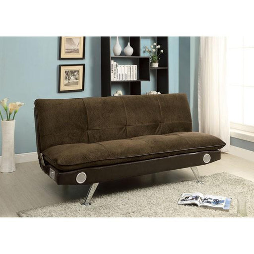 GALLAGHER Dark Brown/Chrome Futon Sofa w/ Bluetooth Speaker, Brown - Premium Sofa from FOA East - Just $516.75! Shop now at Furniture Wholesale Plus  We are the best furniture store in Nashville, Hendersonville, Goodlettsville, Madison, Antioch, Mount Juliet, Lebanon, Gallatin, Springfield, Murfreesboro, Franklin, Brentwood