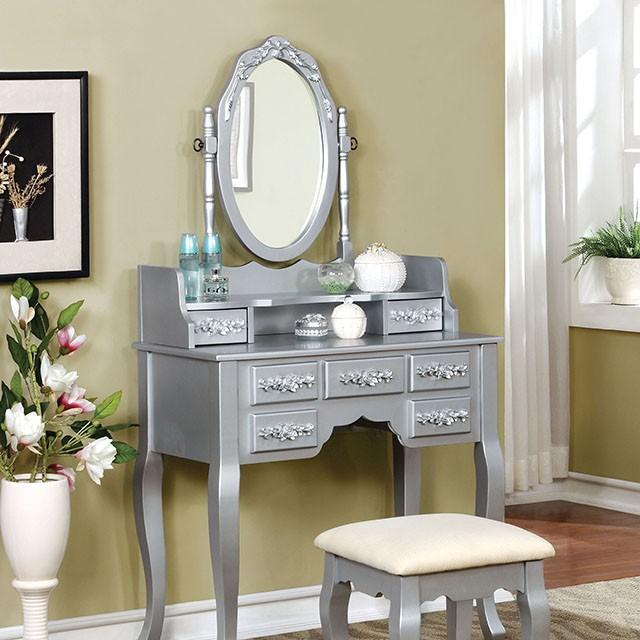 Harriet Silver Vanity w/ Stool - Premium Vanity from FOA East - Just $290.55! Shop now at Furniture Wholesale Plus  We are the best furniture store in Nashville, Hendersonville, Goodlettsville, Madison, Antioch, Mount Juliet, Lebanon, Gallatin, Springfield, Murfreesboro, Franklin, Brentwood