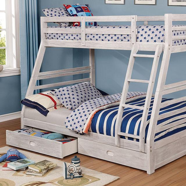 California III Wire-Brushed White Twin/Full Bunk Bed w/ 2 Drawers - Premium Bunk Bed from FOA East - Just $583.05! Shop now at Furniture Wholesale Plus  We are the best furniture store in Nashville, Hendersonville, Goodlettsville, Madison, Antioch, Mount Juliet, Lebanon, Gallatin, Springfield, Murfreesboro, Franklin, Brentwood