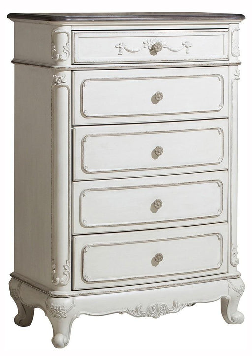 Homelegance Cinderella 5 Drawer Chest in Antique White with Grey Rub-Through 1386NW-9 - Premium Chest from Homelegance (Titan Warehouse) - Just $583.05! Shop now at Furniture Wholesale Plus  We are the best furniture store in Nashville, Hendersonville, Goodlettsville, Madison, Antioch, Mount Juliet, Lebanon, Gallatin, Springfield, Murfreesboro, Franklin, Brentwood