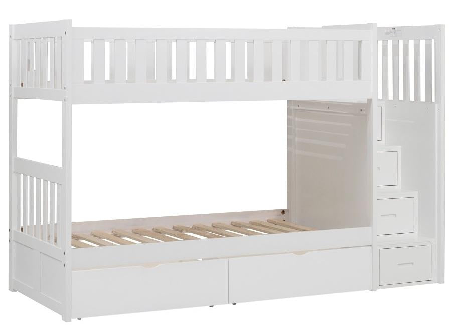 Homelegance Galen Bunk Bed w/ Reversible Step Storage and Storage Boxes in White B2053SBW-1*T - Premium Bed from Homelegance (Titan Warehouse) - Just $914.55! Shop now at Furniture Wholesale Plus  We are the best furniture store in Nashville, Hendersonville, Goodlettsville, Madison, Antioch, Mount Juliet, Lebanon, Gallatin, Springfield, Murfreesboro, Franklin, Brentwood