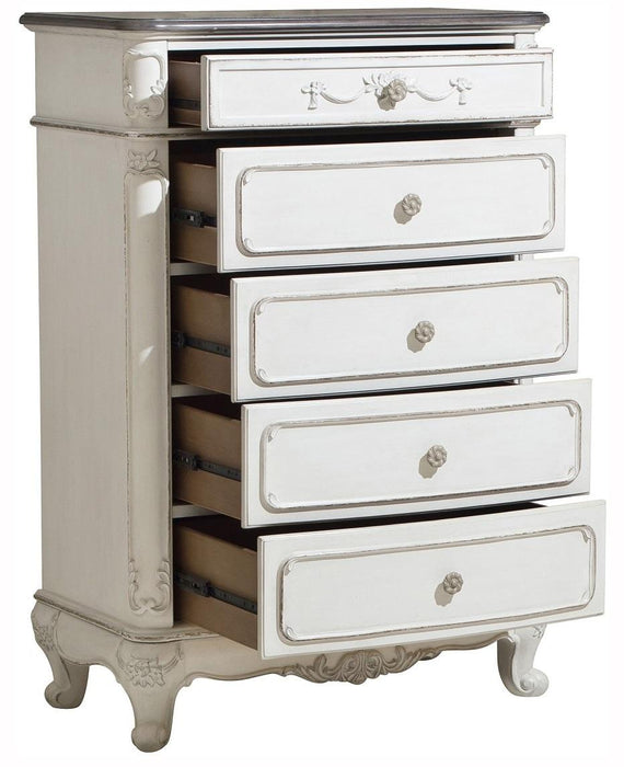 Homelegance Cinderella 5 Drawer Chest in Antique White with Grey Rub-Through 1386NW-9 - Premium Chest from Homelegance (Titan Warehouse) - Just $583.05! Shop now at Furniture Wholesale Plus  We are the best furniture store in Nashville, Hendersonville, Goodlettsville, Madison, Antioch, Mount Juliet, Lebanon, Gallatin, Springfield, Murfreesboro, Franklin, Brentwood