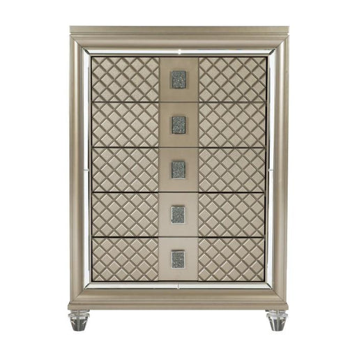 Loudon 5 Drawer Chest in Champagne Metallic 1515-9 - Premium Chest from Homelegance (Titan Warehouse) - Just $682.50! Shop now at Furniture Wholesale Plus  We are the best furniture store in Nashville, Hendersonville, Goodlettsville, Madison, Antioch, Mount Juliet, Lebanon, Gallatin, Springfield, Murfreesboro, Franklin, Brentwood