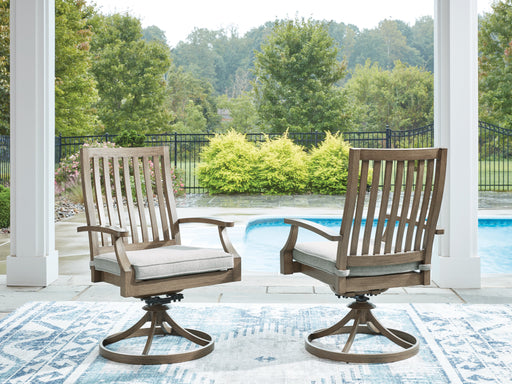 Rainier Ranch Outdoor Swivel Chair with Cushion (Set of 2) - Premium Outdoor Dining Chair from Ashley Furniture - Just $724! Shop now at Furniture Wholesale Plus  We are the best furniture store in Nashville, Hendersonville, Goodlettsville, Madison, Antioch, Mount Juliet, Lebanon, Gallatin, Springfield, Murfreesboro, Franklin, Brentwood