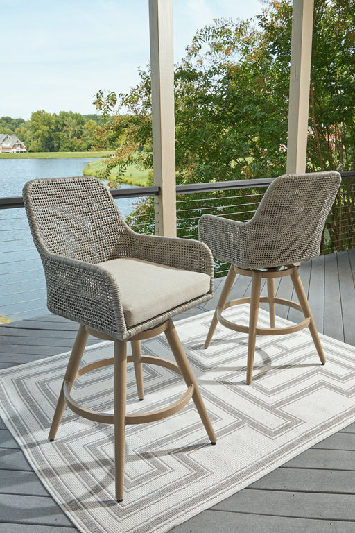 Seton Creek Outdoor Bar Height Barstool with Cushion (Set of 2) - Premium Outdoor Counter Barstool from Ashley Furniture - Just $905! Shop now at Furniture Wholesale Plus  We are the best furniture store in Nashville, Hendersonville, Goodlettsville, Madison, Antioch, Mount Juliet, Lebanon, Gallatin, Springfield, Murfreesboro, Franklin, Brentwood