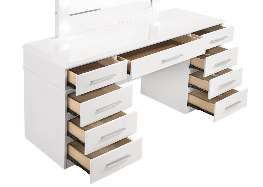 Felicity - 9-Drawer Vanity Table With Lighted Mirror - Glossy White - Premium Vanity Sets from CoasterElevations - Just $1069! Shop now at Furniture Wholesale Plus  We are the best furniture store in Nashville, Hendersonville, Goodlettsville, Madison, Antioch, Mount Juliet, Lebanon, Gallatin, Springfield, Murfreesboro, Franklin, Brentwood