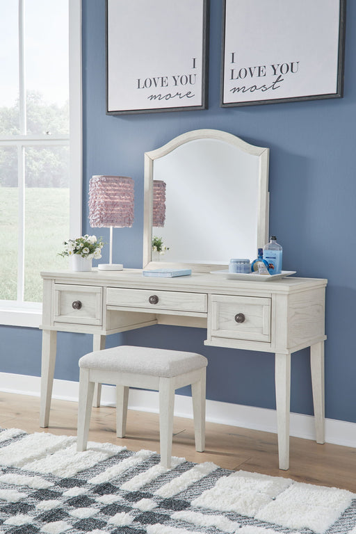 Robbinsdale - Mirrored Vanity With Stool - Antique White – Vanity Sets by Signature Design by Ashley® at Furniture Wholesale Plus , Nashville furniture store