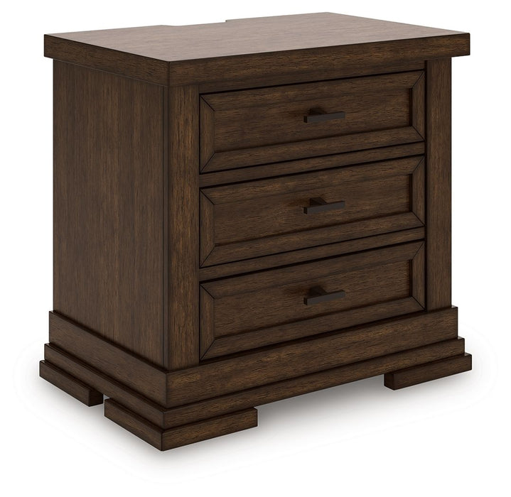 Taffenbrook - Three Drawer Night Stand - Medium Brown – Nightstands w/ Charging Stations by Benchcraft® at Furniture Wholesale Plus , Nashville furniture store