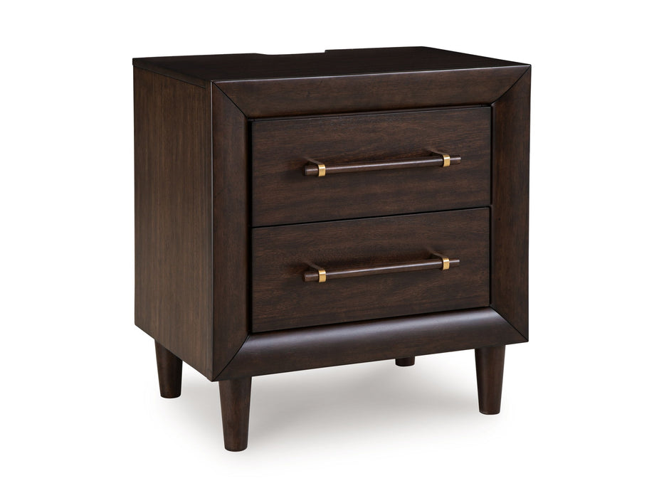 Dantenton - Two Drawer Night Stand - Merlot – Nightstands w/ Charging Stations by Benchcraft® at Furniture Wholesale Plus , Nashville furniture store