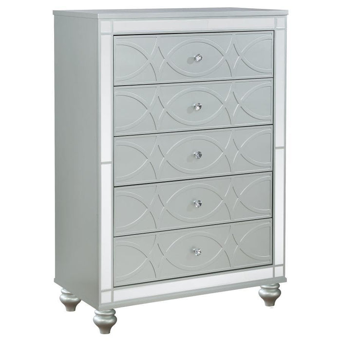 Gunnison - 5-Drawer Bedroom Chest - Silver Metallic – Accent Chests by CoasterEssence at Furniture Wholesale Plus , Nashville furniture store