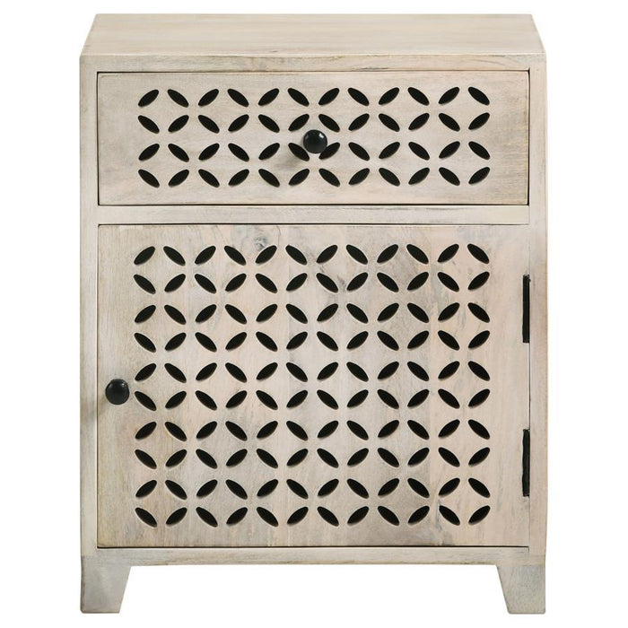 August - 1-Drawer Trellis Pattern Storage Cabinet - White Washed – Accent Cabinets by CoasterEssence at Furniture Wholesale Plus , Nashville furniture store