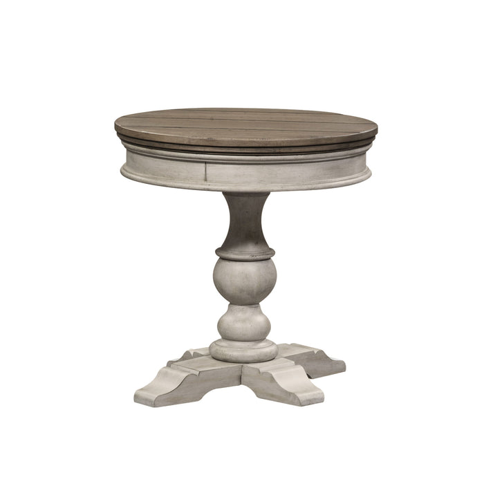 Heartland - Round Pedestal Chair Side Table - Antique White / Tobacco Tops – Chair Side Tables by Liberty Furniture at Furniture Wholesale Plus , Nashville furniture store