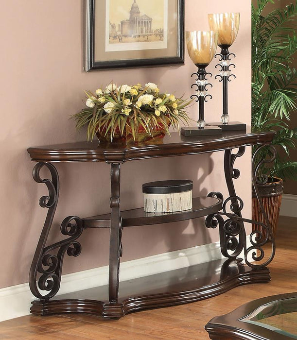 Laney - Scrollwork Entryway Sofa Console Table - Deep Merlot – Console Tables by CoasterEssence at Furniture Wholesale Plus , Nashville furniture store