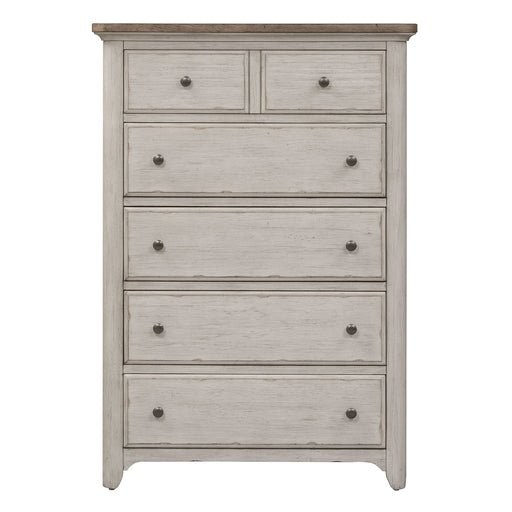 Farmhouse Reimagined - 5 Drawer Chest - Antique White / Chestnut Tops – Accent Chests by Liberty Furniture at Furniture Wholesale Plus , Nashville furniture store