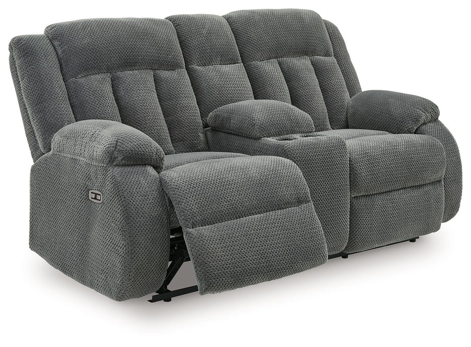 Observation - Double Reclining Power Loveseat With Console - Steel – Reclining Loveseats by Signature Design by Ashley® at Furniture Wholesale Plus , Nashville furniture store