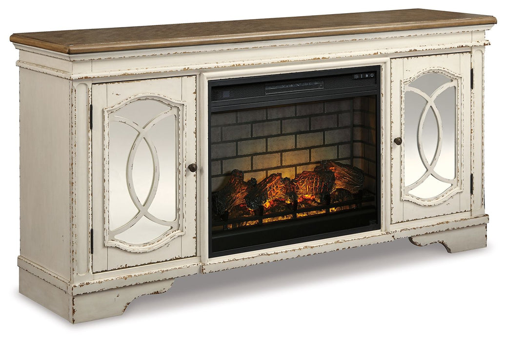 Realyn - 2 Pc. - 74" TV Stand with Electric Infrared Fireplace Insert - Chipped White – Fireplace TV Stands by Signature Design by Ashley® at Furniture Wholesale Plus , Nashville furniture store