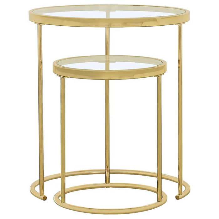 Maylin - 2 Piece Round Glass Top Nesting Table Set - Gold – Nesting Tables by CoasterElevations at Furniture Wholesale Plus , Nashville furniture store