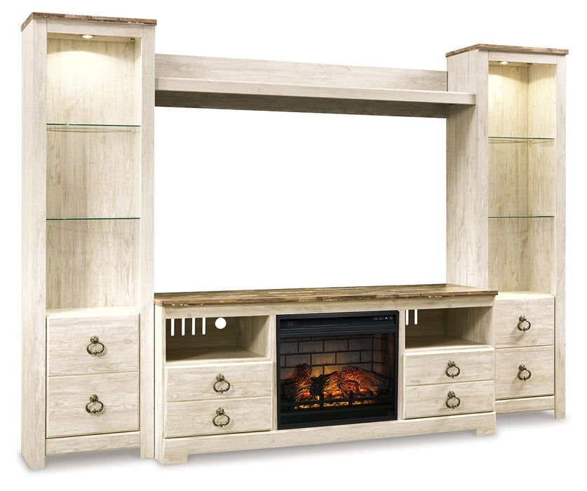 Willowton - Entertainment Center - TV Stand With Faux Firebrick Fireplace Insert - Whitewash – Entertainment Centers by Signature Design by Ashley® at Furniture Wholesale Plus , Nashville furniture store