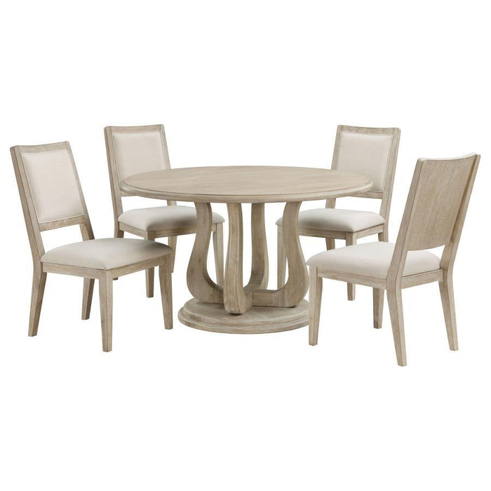 Trofello - 5 Piece Round Dining Table Set - White Washed – 5 Piece Dining Room Sets by Coaster Fine Furniture at Furniture Wholesale Plus , Nashville furniture store