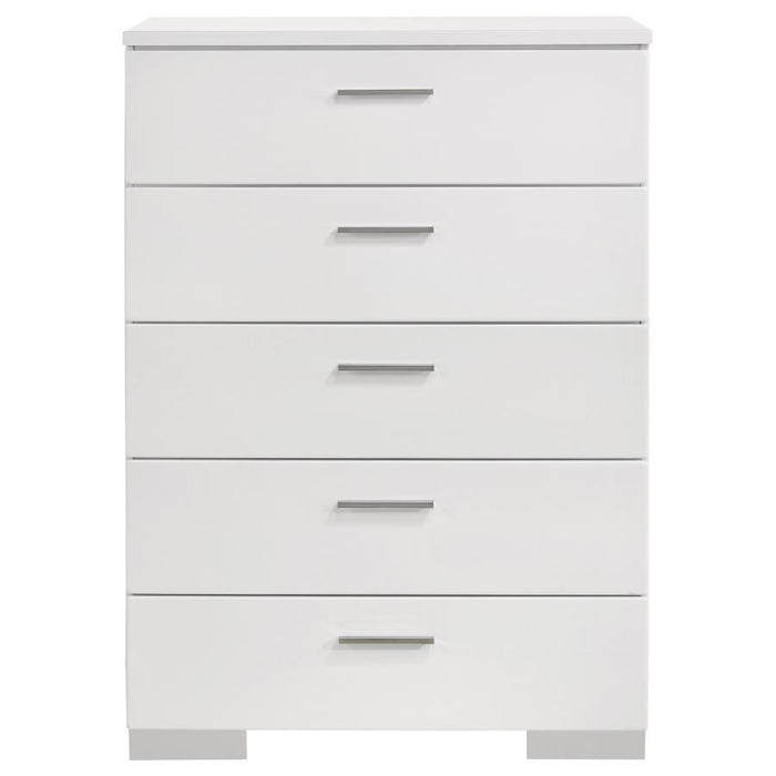 Felicity - 5-Drawer Bedroom Chest - White High Gloss – Accent Chests by CoasterEssence at Furniture Wholesale Plus , Nashville furniture store