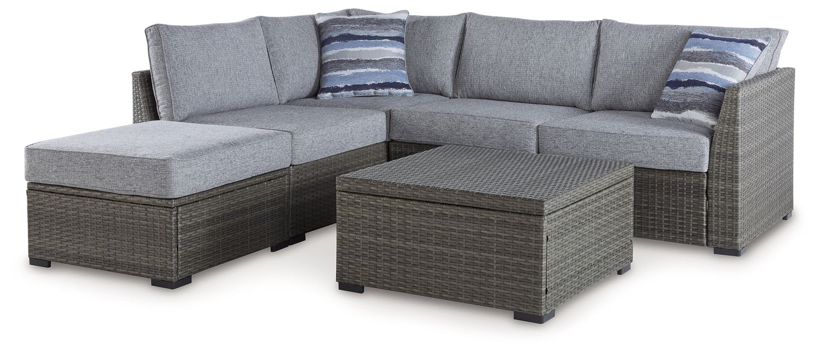 Petal Road - Gray - Loveseat Sectional, Ottoman, Table Set (Set of 4) - Premium 4 Piece Outdoor Sets from Signature Design by Ashley® - Just $1408! Shop now at Furniture Wholesale Plus  We are the best furniture store in Nashville, Hendersonville, Goodlettsville, Madison, Antioch, Mount Juliet, Lebanon, Gallatin, Springfield, Murfreesboro, Franklin, Brentwood