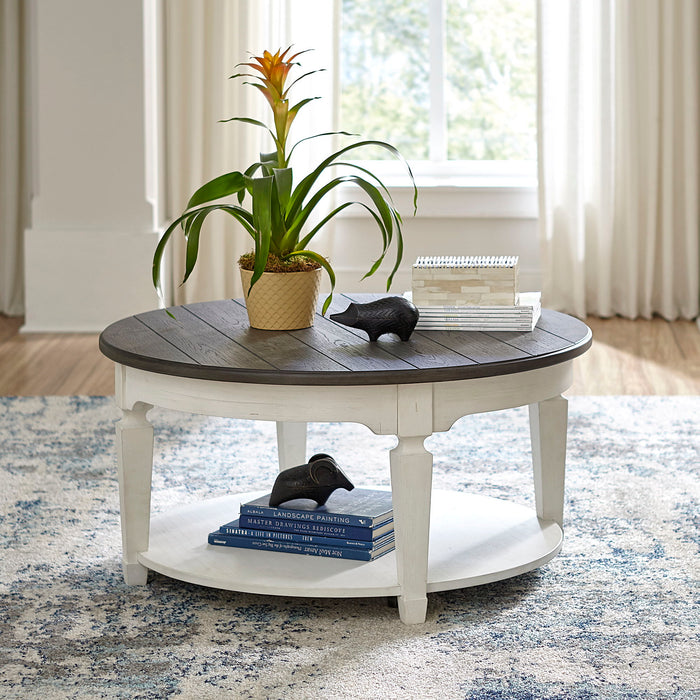 Allyson Park - Round Cocktail Table - Wirebrushed White / Charcoal – Cocktail Tables by Liberty Furniture at Furniture Wholesale Plus , Nashville furniture store