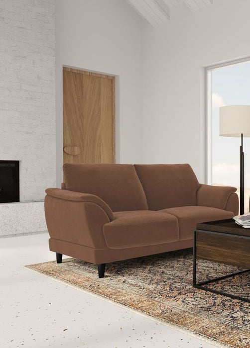 Selma - Velvet Upholstered Crescent Arm Loveseat - Rust – Stationary Loveseats by Coaster Fine Furniture at Furniture Wholesale Plus , Nashville furniture store