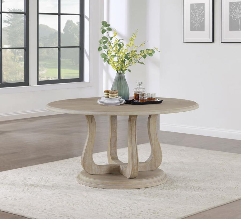 Trofello - Round Pedestal Dining Table - White Washed – Dining Tables by Coaster Fine Furniture at Furniture Wholesale Plus , Nashville furniture store