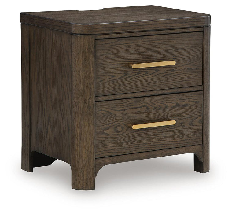 Radkin - Two Drawer Night Stand - Burnished Brown – Nightstands w/ Charging Stations by Signature Design by Ashley® at Furniture Wholesale Plus , Nashville furniture store
