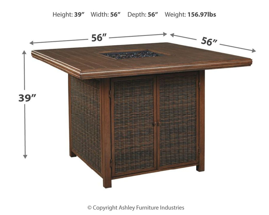 Paradise Trail - Medium Brown - Square Bar Table w/Fire Pit - Premium Fire Pits from Signature Design by Ashley® - Just $1418! Shop now at Furniture Wholesale Plus  We are the best furniture store in Nashville, Hendersonville, Goodlettsville, Madison, Antioch, Mount Juliet, Lebanon, Gallatin, Springfield, Murfreesboro, Franklin, Brentwood
