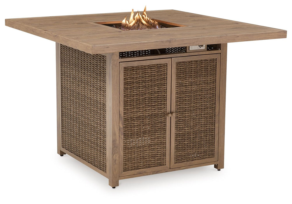 Walton Bridge - 5 Pc. - Square Bar Table W/Fire Pit, 4 Barstools - Driftwood – 5 Piece Outdoor Sets by Signature Design by Ashley® at Furniture Wholesale Plus , Nashville furniture store