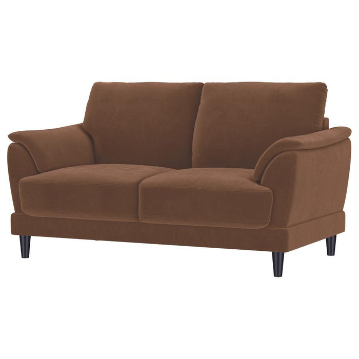 Selma - Velvet Upholstered Crescent Arm Loveseat - Rust – Stationary Loveseats by Coaster Fine Furniture at Furniture Wholesale Plus , Nashville furniture store