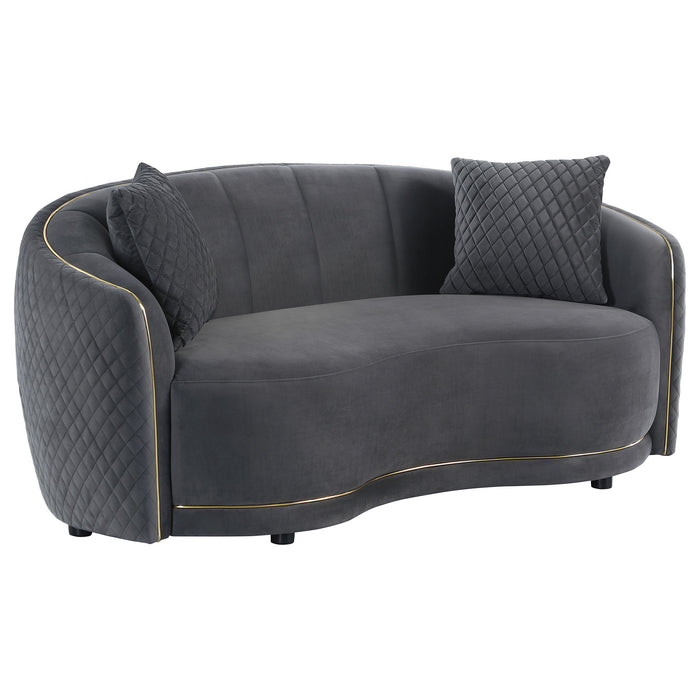 Brookside - Velvet Upholstered Curved Loveseat - Dark Gray – Stationary Loveseats by CoasterEveryday at Furniture Wholesale Plus , Nashville furniture store