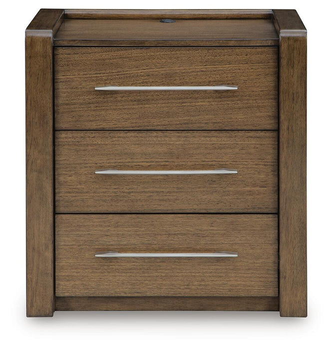 Marxmore - Three Drawer Night Stand - Brown – Nightstands w/ Charging Stations by Benchcraft® at Furniture Wholesale Plus , Nashville furniture store