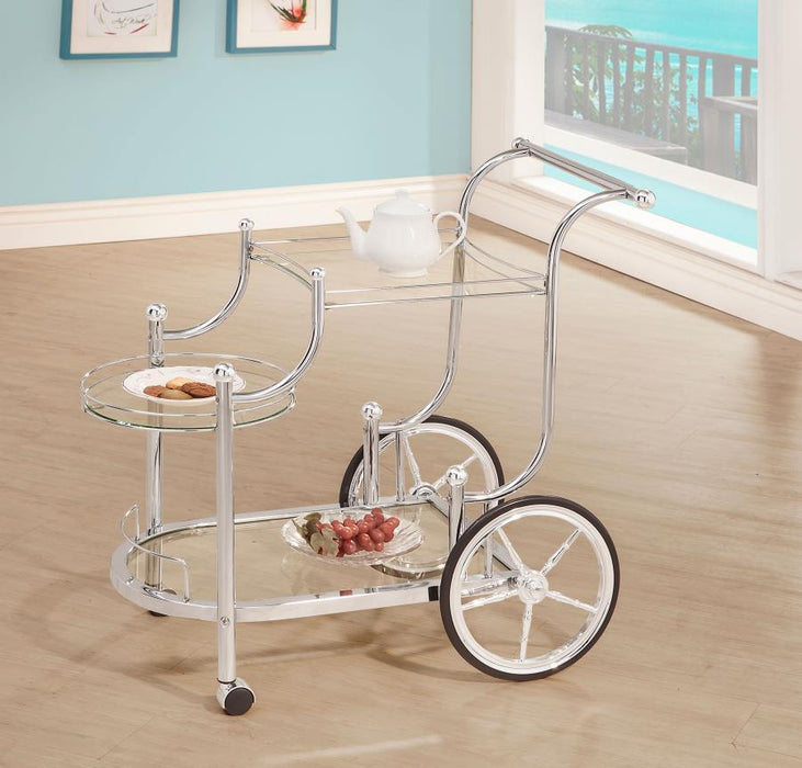Sarandon - 3-Tier Glass Shelf Metal Bar Cart - Chrome - Premium Bar Carts from CoasterEveryday - Just $169! Shop now at Furniture Wholesale Plus  We are the best furniture store in Nashville, Hendersonville, Goodlettsville, Madison, Antioch, Mount Juliet, Lebanon, Gallatin, Springfield, Murfreesboro, Franklin, Brentwood