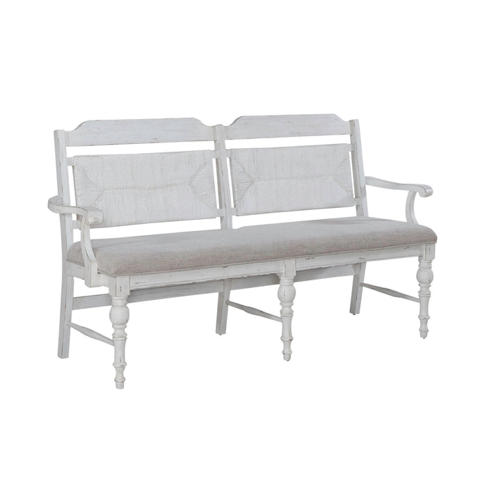 River Place - Panel Back Bench - Riverstone White & Tobacco – Upholstered Benches by Liberty Furniture at Furniture Wholesale Plus , Nashville furniture store