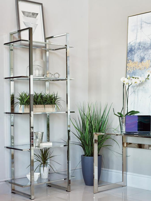 Hartford - 5-Shelf Glass Bookshelf - Chrome - Premium Standard Bookcases from CoasterEssence - Just $389! Shop now at Furniture Wholesale Plus  We are the best furniture store in Nashville, Hendersonville, Goodlettsville, Madison, Antioch, Mount Juliet, Lebanon, Gallatin, Springfield, Murfreesboro, Franklin, Brentwood