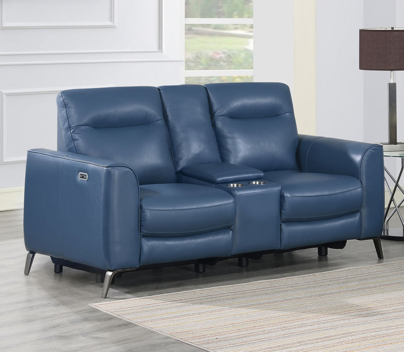 Sansa - Dual Power Reclining Loveseat With Console - Blue – Reclining Loveseats by Steve Silver Furniture at Furniture Wholesale Plus , Nashville furniture store