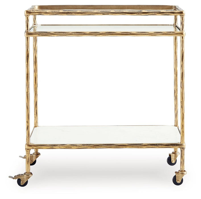 Plattfield - Antique Gold Finish - Bar Cart - Premium Bar Carts from Signature Design by Ashley® - Just $258! Shop now at Furniture Wholesale Plus  We are the best furniture store in Nashville, Hendersonville, Goodlettsville, Madison, Antioch, Mount Juliet, Lebanon, Gallatin, Springfield, Murfreesboro, Franklin, Brentwood