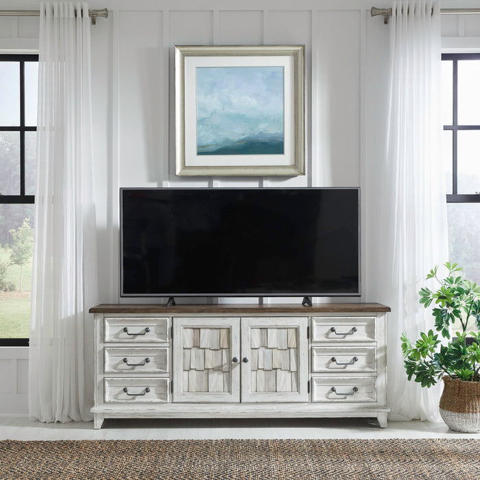 River Place - 75" Entertainment Console - Riverstone White & Tobacco – TV Stands by Liberty Furniture at Furniture Wholesale Plus , Nashville furniture store