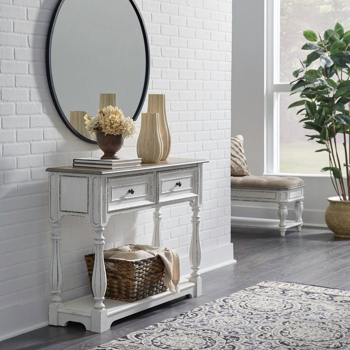 Magnolia Manor - Hall Console Bottom With Shelf For Display & Storage - Antique White – Console Tables by Liberty Furniture at Furniture Wholesale Plus , Nashville furniture store