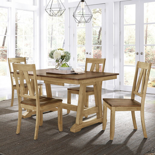 Lindsey Farm - 5 Piece Trestle Table Set - Natural & Brown – 5 Piece Dining Room Sets by Liberty Furniture at Furniture Wholesale Plus , Nashville furniture store
