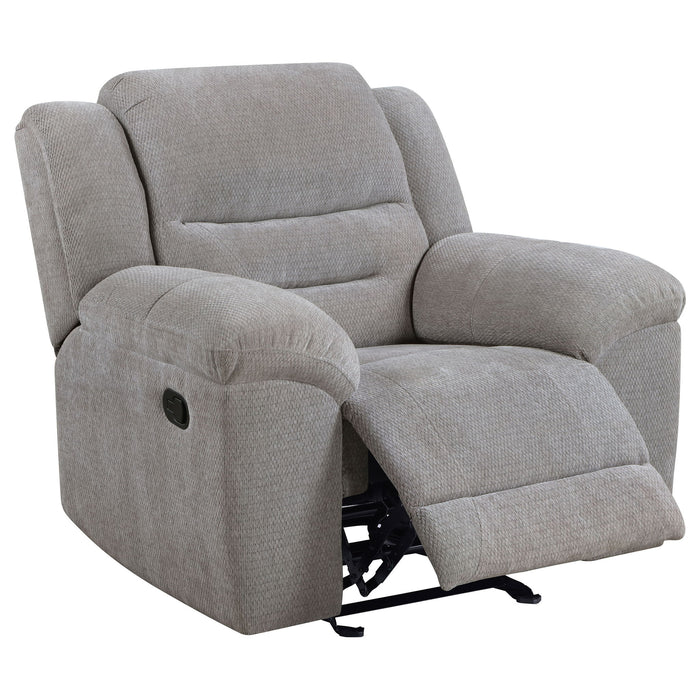 Gilson - Chenille Upholstered Reclining Glider Recliner - Gray – Glider Chairs by Coaster Fine Furniture at Furniture Wholesale Plus , Nashville furniture store
