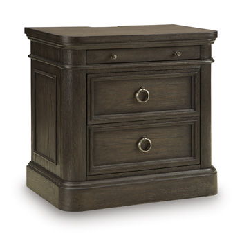 Wickenger - Two Drawer Night Stand - Dark Brown – Nightstands w/ Charging Stations by Signature Design by Ashley® at Furniture Wholesale Plus , Nashville furniture store