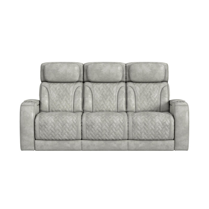 Prime Time - P3 Sofa With Ddt, 3.0 Table, 7 Colors (Led And Cup Holders), Reading Light, Vibration, Speaker, And Heat Massage - Leather Gel Light Gray – Reclining Sofas by Elements International at Furniture Wholesale Plus , Nashville furniture store