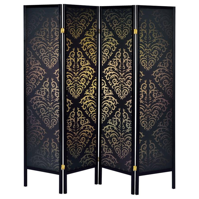 Haidera - 4-Panel Room Divider Folding Screen - Black Damask - Premium Room Dividers from CoasterEveryday - Just $189! Shop now at Furniture Wholesale Plus  We are the best furniture store in Nashville, Hendersonville, Goodlettsville, Madison, Antioch, Mount Juliet, Lebanon, Gallatin, Springfield, Murfreesboro, Franklin, Brentwood