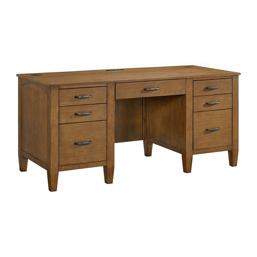 Portico - Double Pedestal Desk With Power / USB - Brown Oak – Writing Desks by Elements International at Furniture Wholesale Plus , Nashville furniture store