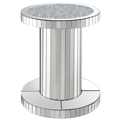 Dorielle - Round Mirrored Acrylic Crystal Side Table - Silver – Side Tables by CoasterElevations at Furniture Wholesale Plus , Nashville furniture store